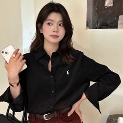 クロスボーダー刺繍シャツレディースゆるい韓国系シンプル高級デザイン感通勤シャツファッションカジュアル長袖トップス