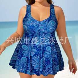 亚马逊新款欧美分体泳衣女士加大码裙式比基尼平角裤印花女士泳装