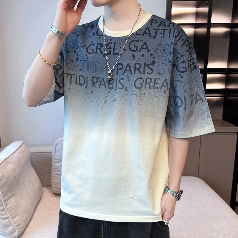 Verano gradiente cuello redondo cinco mangas de tendencia suelta camiseta de manga corta camiseta deportiva transpirable delgada camiseta