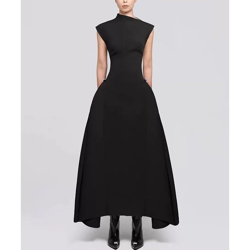 Vietnamese Niche Half Turtleneck Sleeveless Asymmetrical Large Swing Dress Mid-Length Dress Formal Occasion Banquet Long Dress