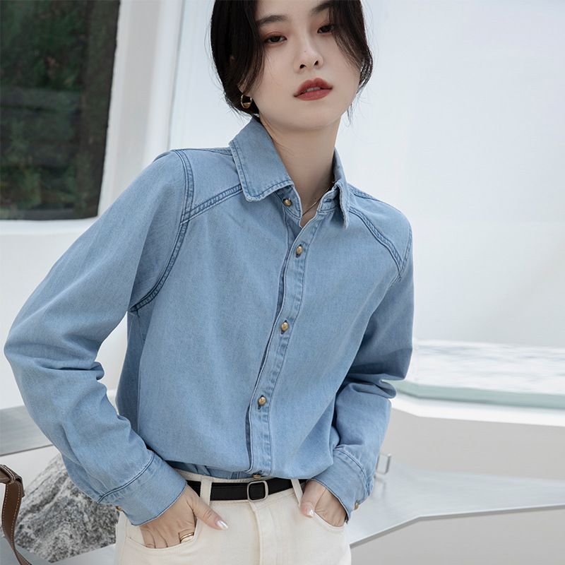 dark blue Retro Hong Kong Style Shoulder Soft Denim Shirt Women's Inner Stacked New Style Petite Top for Spring and Autumn 2024