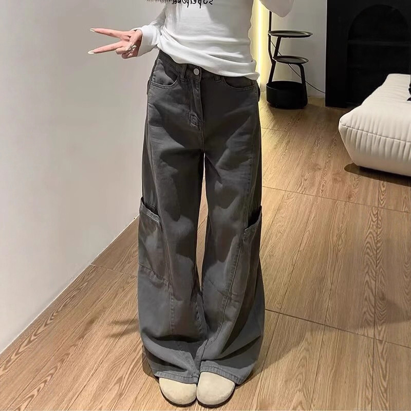 Gray Wide-Leg Cargo Pants for Women, Summer New Style, Plus-Size Loose Fit for Pear-Shaped Figures, Slimming Straight-Leg Jeans