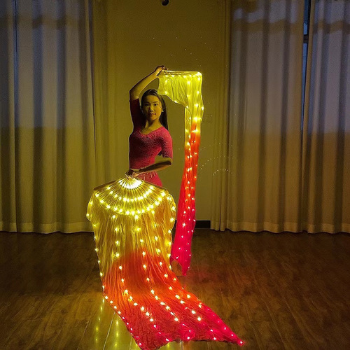 New adult LED glowing fan with red-yellow gradient color soft wire light string, rechargeable belly dance performance decoration