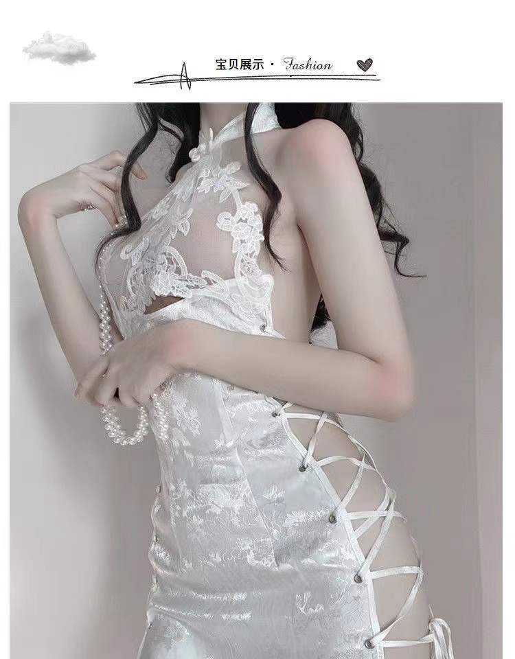 Sexy Cheongsam-Style Lingerie Set, Backless Slit Tie-Up Design, White Lace One-Piece with Thong — detail image 6