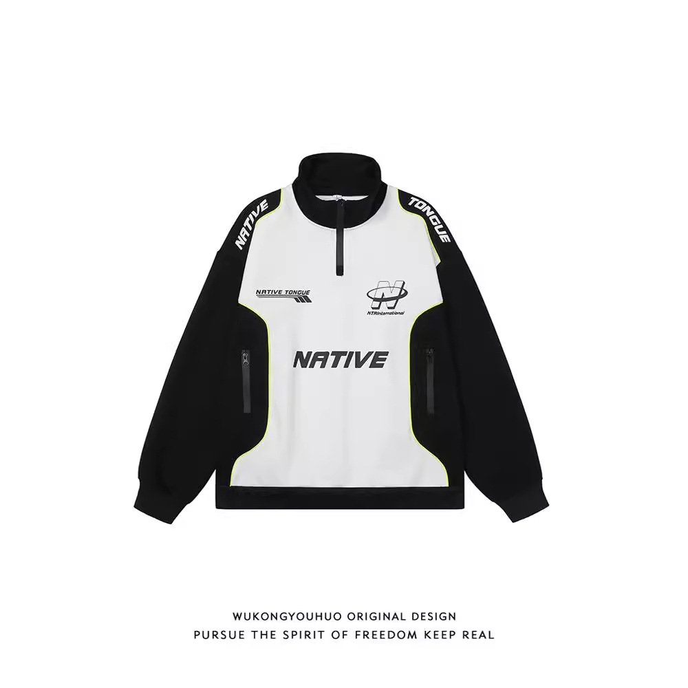 原创美式复古半拉链拼色赛车服卫衣男女春秋情侣潮服高街机车外套