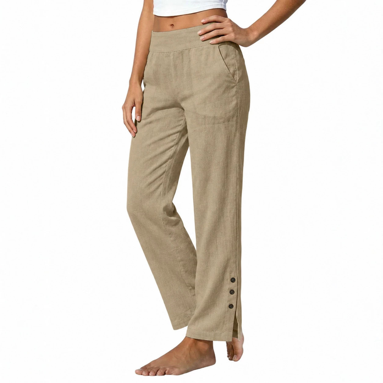 2026 Summer Cross-Border Women's Cotton-Linen Casual Pants High-Waisted Loose Straight Pants with Side Slits and Buttons Wide-Leg Trousers for Women