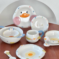 横平鴨萌萌食器セットかわいい家庭用陶磁器ご飯碗浮き彫り釉薬下彩スープ皿大スープ碗コップ