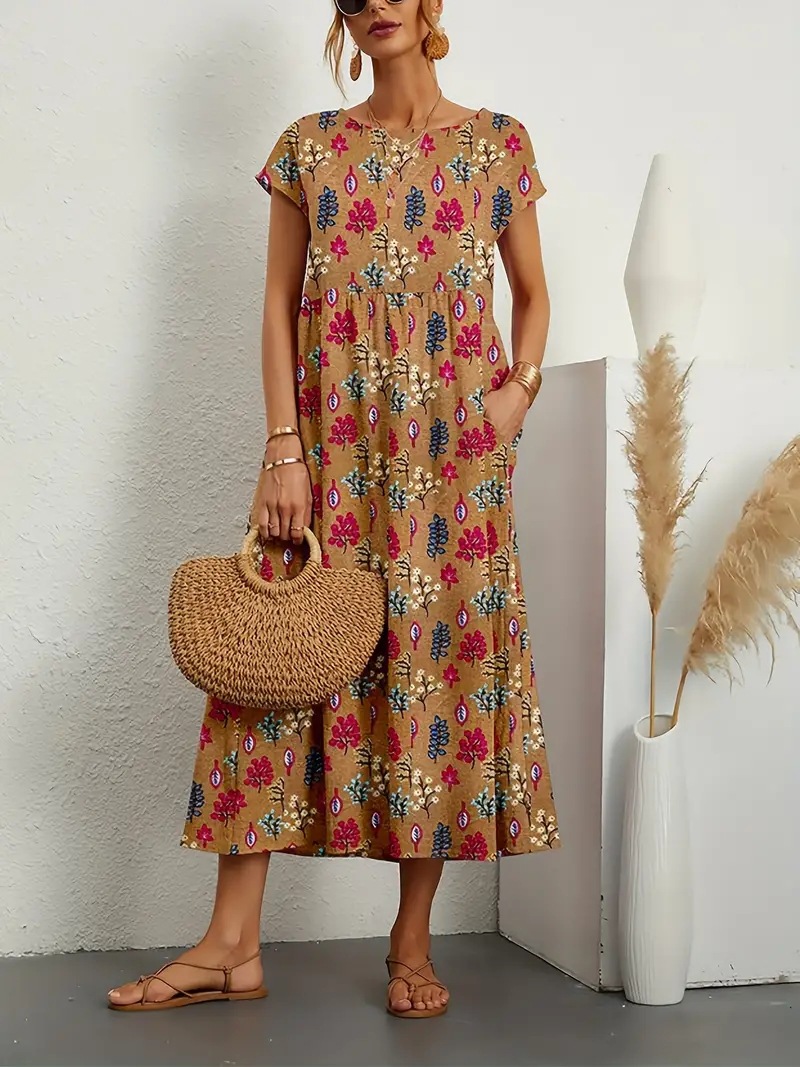 Women's Regular Dress Vacation Round Neck Printing Zipper Sleeveless Leaves Flower Maxi Long Dress Holiday Daily Beach display picture 3
