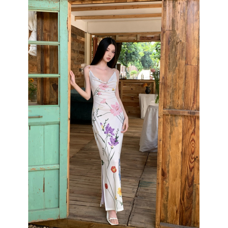 Botanical Illustrator's Illustrated Print Spaghetti Strap Dress with Floral Embellishments, Beaded Shimmering White Dress, Long Dress for Outerwear