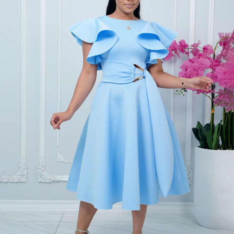 D3362 Amazon European and American Foreign Trade Summer Elegant Ruffle Sleeve Waist-Tie Dress Cross-Border Dress