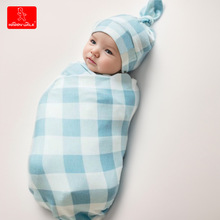 新生儿包巾打结胎帽2件套装婴儿格子抱毯襁褓防惊跳弹力裹布跨境