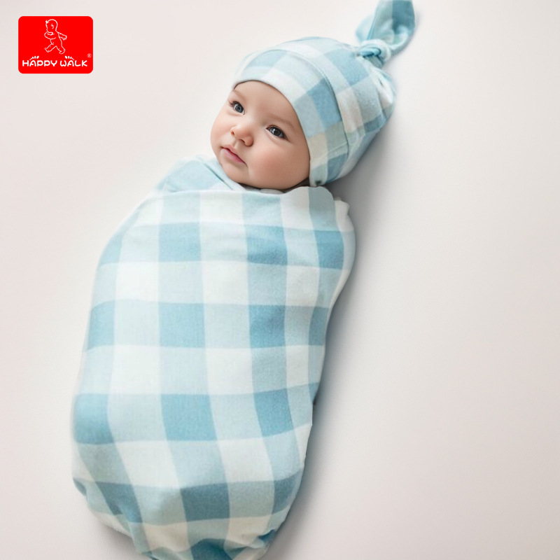 Newborn wrap knotted fetal cap 2 pieces suit baby plaid blanket swaddling anti-startling stretch wrap cross-border