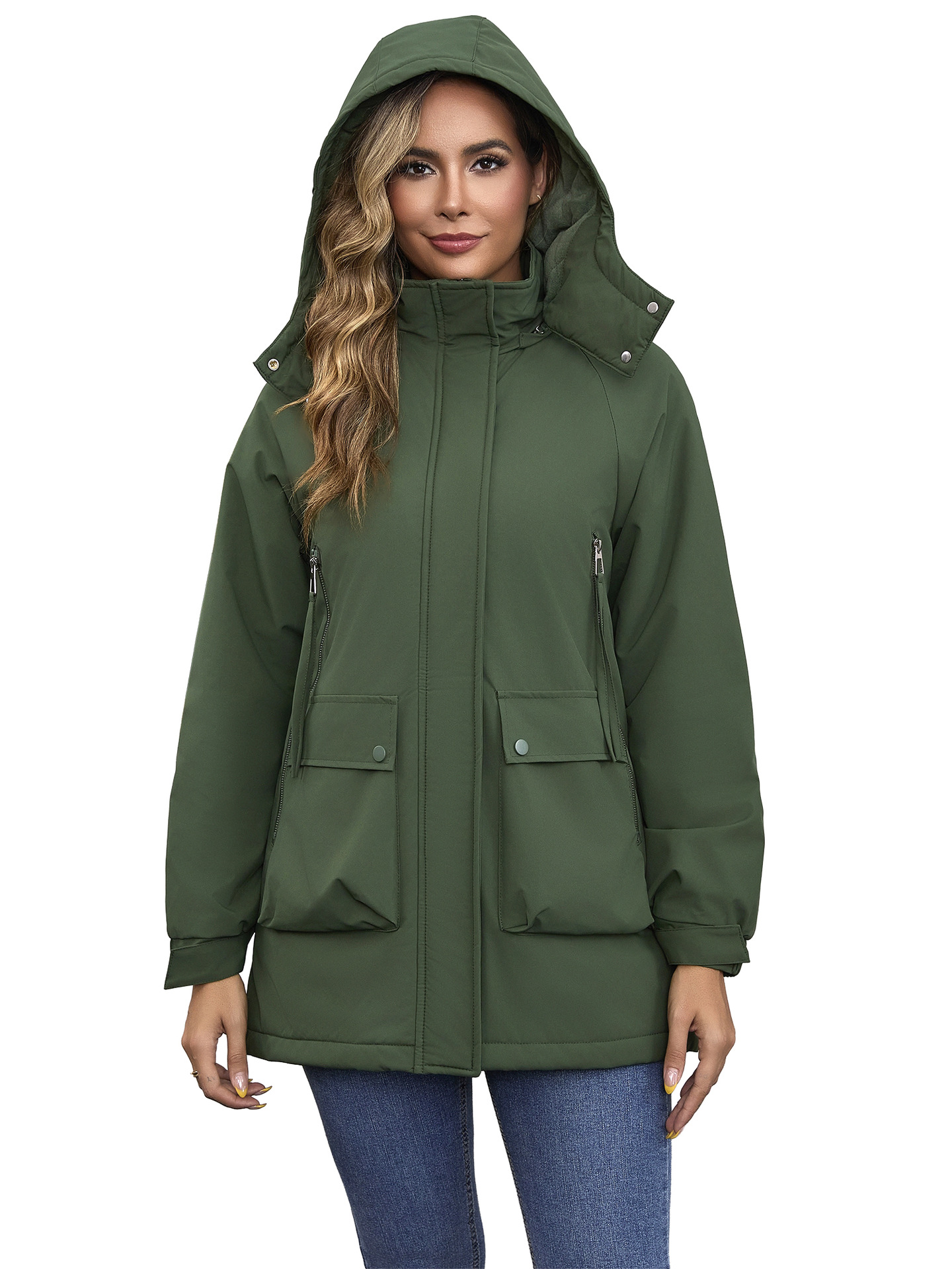 Chaqueta parka con capucha desmontable nueva de 2025, forrada de forro polar, repelente al agua, abrigo de otoño e invierno para mujer, ropa de algodón transfronteriza.