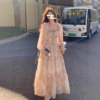 法式印花雪纺连衣裙女2024春秋新款温柔气质显瘦绝美爆款仙女长裙