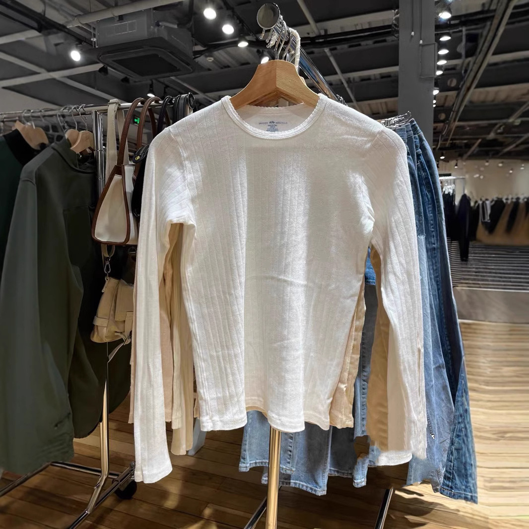 BM style round neck lace trim slimming hollowed-out long sleeve T-shirt for women, perfect for spring and autumn.