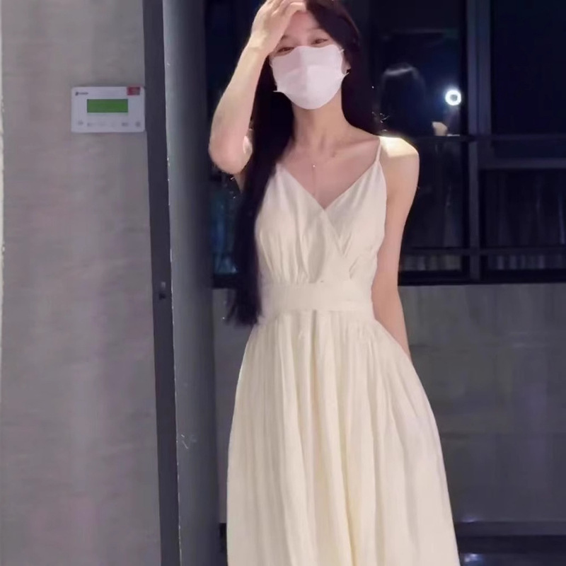 ティーブレイクフレンチドレス女性の夏のスイートウエスト痩身海辺休暇ノースリーブサスペンダーロングドレス|undefined