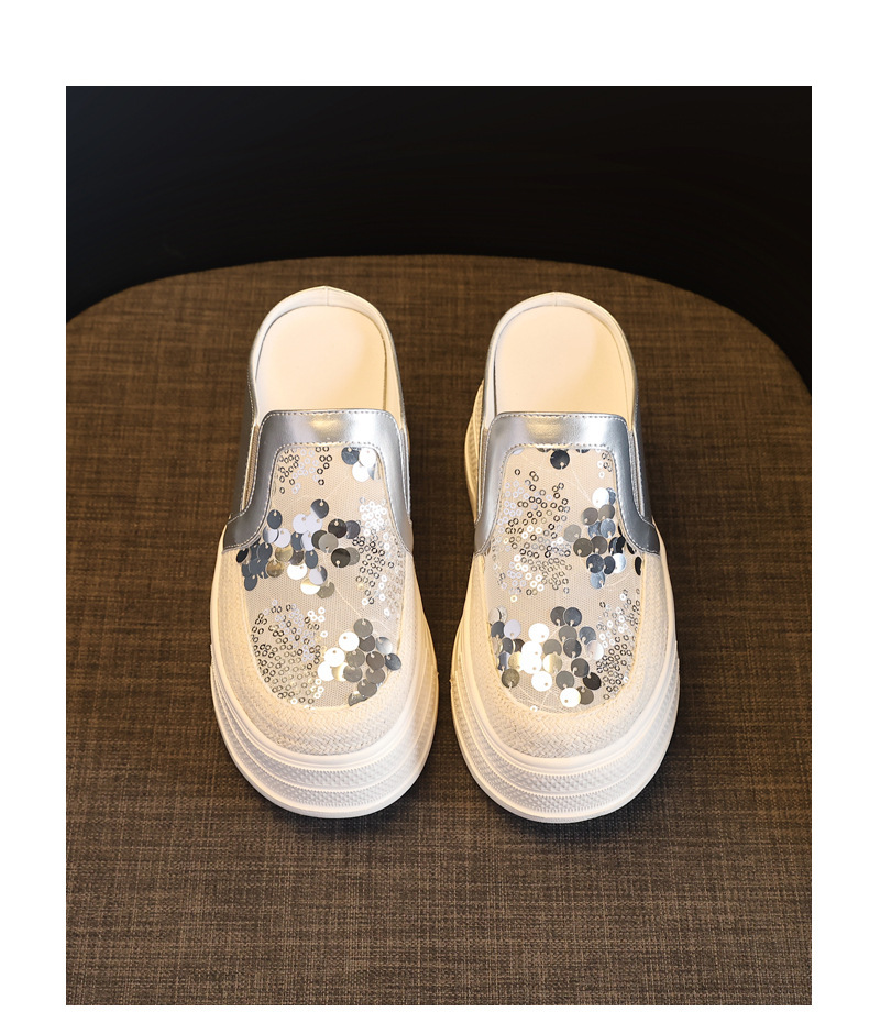 Giày sneaker nữ đế dày tăng chiều cao, kiểu lười một chân, mũi trùm, phối sequin, mùa hè 2026 — màu vàng, bạc chi tiết 19