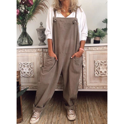 Ebay summer new pure color casual retro pockets sleeveless linen jumpsuit with adjustable straps