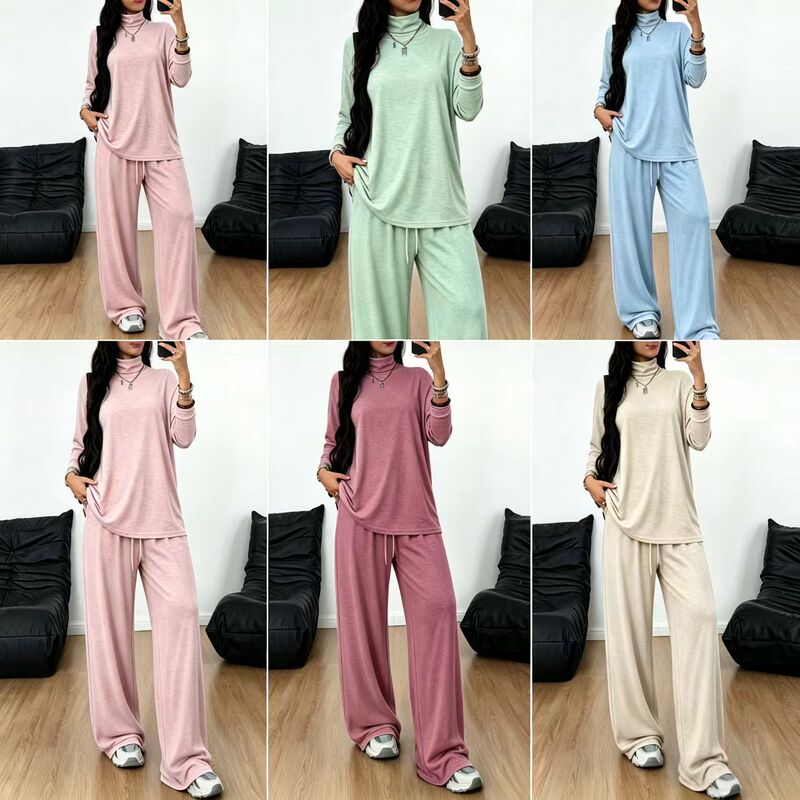 European and American Cross-Border Autumn New High-Neck Loose Casual Suit, Lazy Style Long-Sleeved Top, Wide-Leg Pants Two-Piece Set for Women