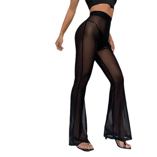 European and American Cross-border New Hot-Selling Mesh See-Through Flared Pants Summer Fashionable Sexy High-Waisted Breathable Casual Trousers