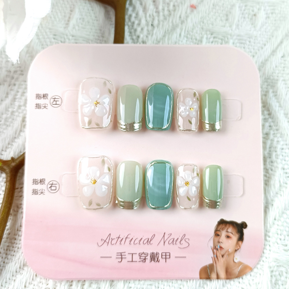 10 piezas de frutas de hielo verde camellia de uñas parche de uñas fresco pequeño parche de uñas de fototerapia hecha a mano de la uña francesa