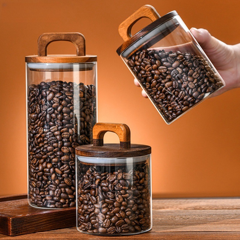 Tarro de vidrio de borosilicato con tapa de madera, gran capacidad, ideal para almacenar granos de café o alimentos secos