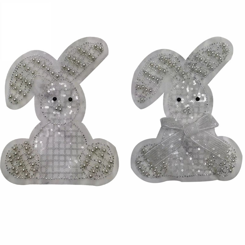 手工带蝴蝶结珠子流苏透明小白兔子贴布绣布贴卡通DIY刺绣补丁贴