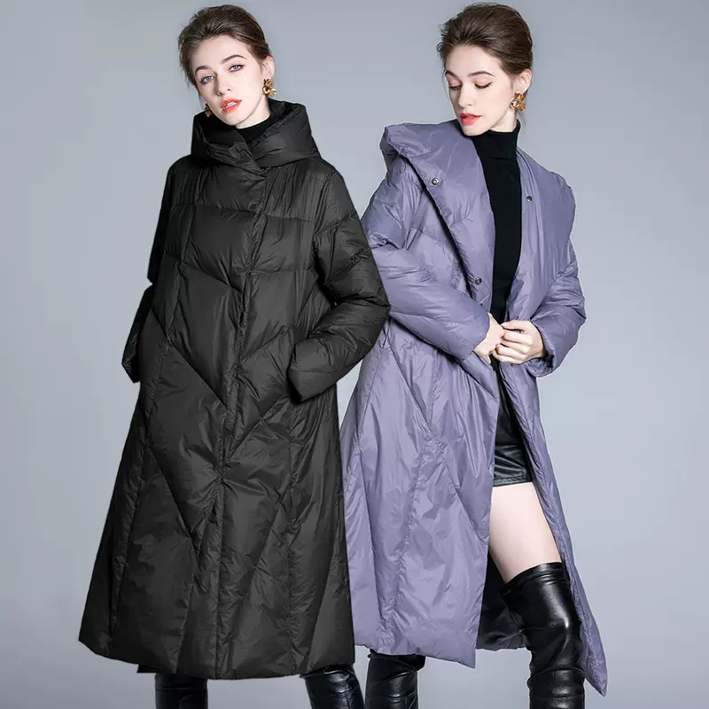 紫色羽绒服女中长款2025年新款冬韩版宽松过膝白鸭绒亮面爆款加厚