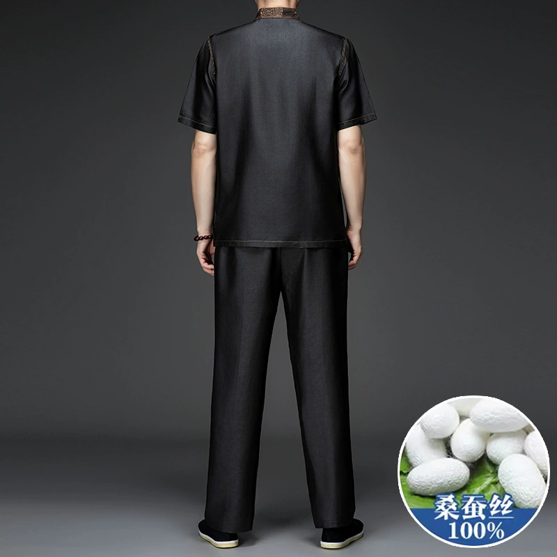 Silk set for elderly, shirt, Chinese style, for middle age, with short sleeve
