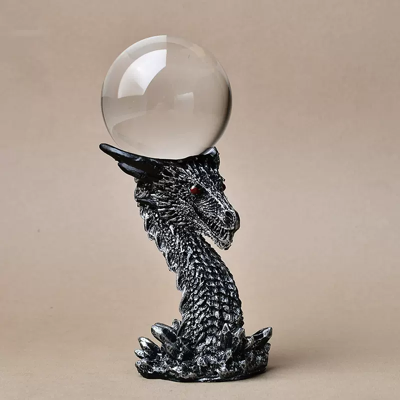 跨境黑龙摆件家居装饰品树脂西方红眼恶龙工艺品水晶球底座支架