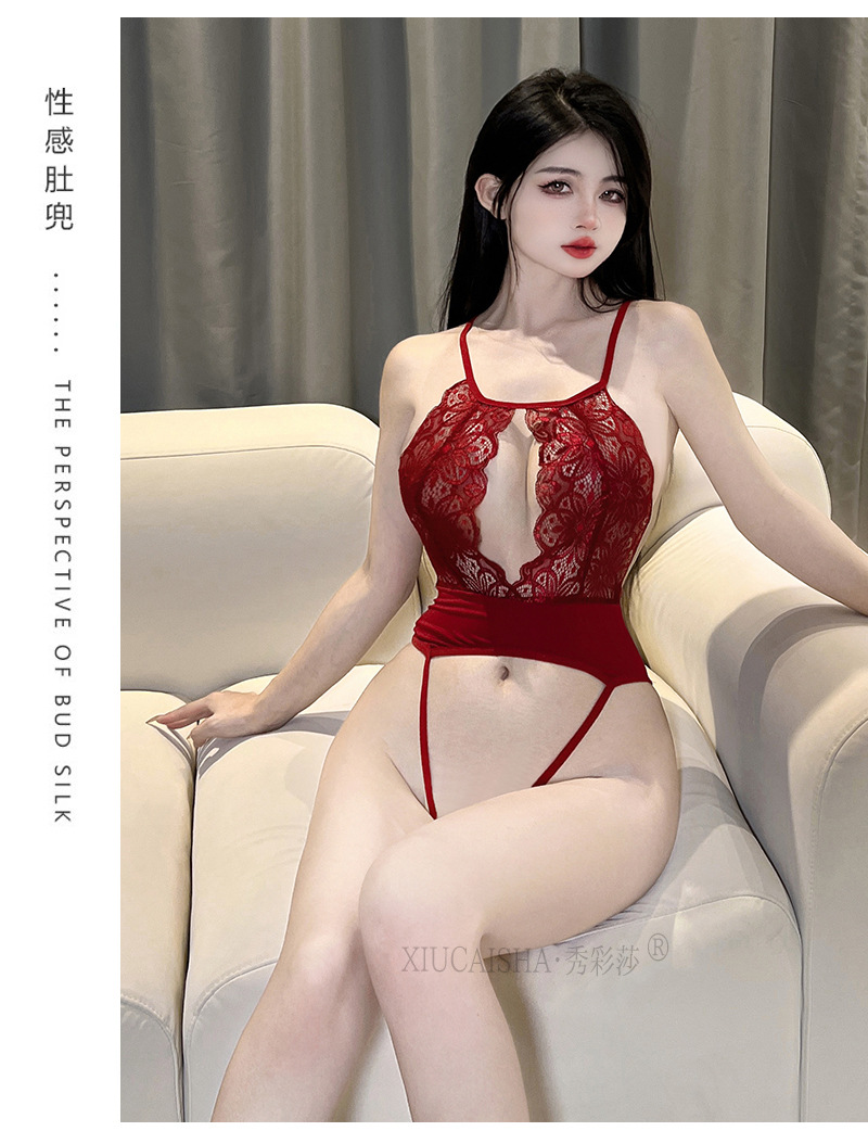 Red Lace Three-Point Open Bodysuit Lingerie, Cute Girl Roleplay Costume, One Size — detail image 7