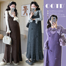 2025秋冬新款重工编织花朵鱼尾摆毛衣背心裙＋花边打底衫孕妇套装