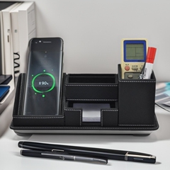 黒革オフィス収納ボックス無線充電10w携帯電話急速充電デスクトップ収納ボックス