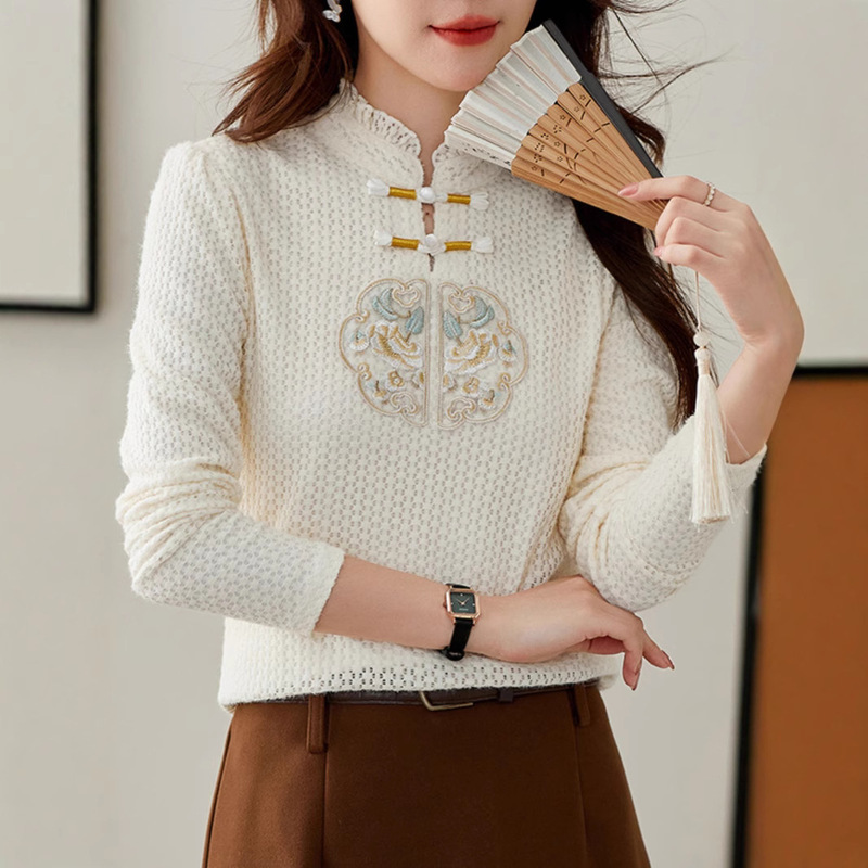 New Chinese Style National Style Button Top Women's Autumn and Winter Interior Western Style Small Shirt Lace Half High Collar fleece-lined Base Shirt plus size