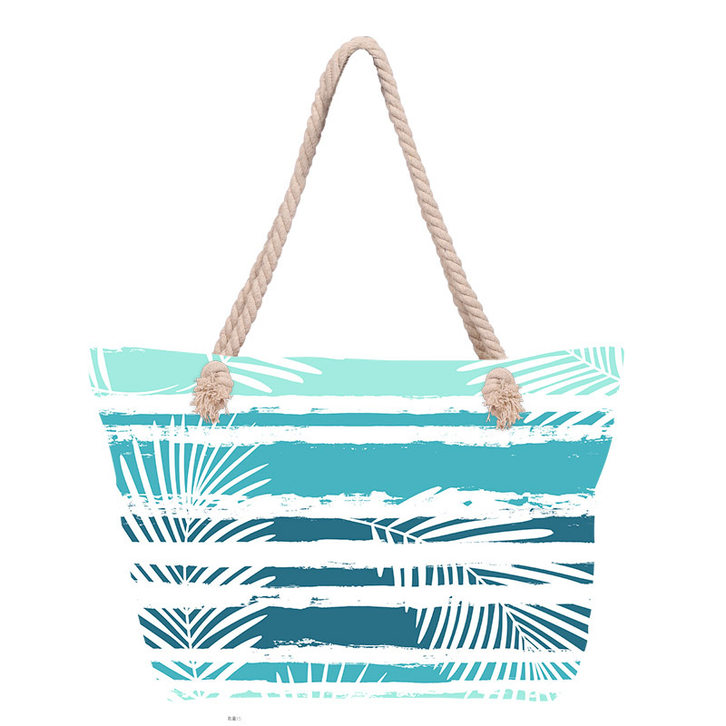 Bolso de playa impreso para mujer de venta caliente transfronterizo Bolso de lona portátil de gran capacidad Bolso de hombro junto al mar Bolso de mano con cuerda de algodón