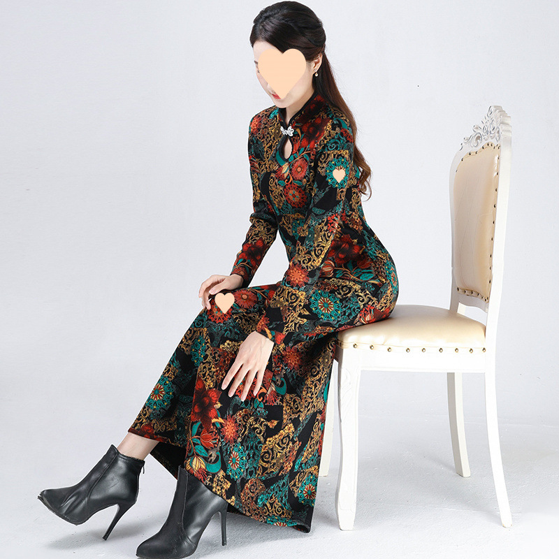 velvet thickened winter ethnic style improved cheongsam 2025 new base dress for women's coat high-end