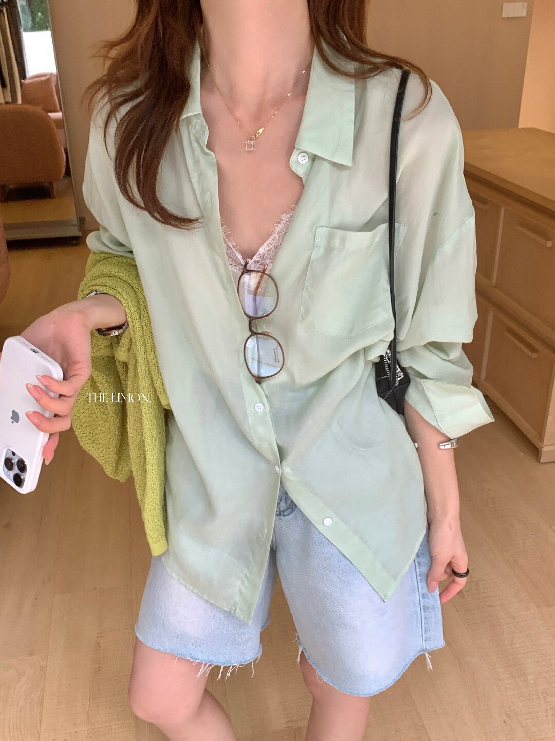 Áo sơ mi nữ tay dài chất liệu tencel phong cách lười biếng ấm áp — Vàng nhạt, xanh lam, Xanh lá cây nhạtcolor, màu hồng chi tiết 12