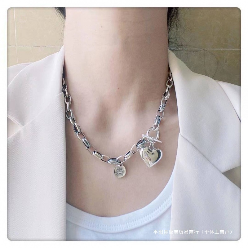 韓国 925 スターリングシルバーバックルラブヘビーデューティネックレスレトロ個性トレンディなブランド輸入太いチェーン鎖骨|undefined