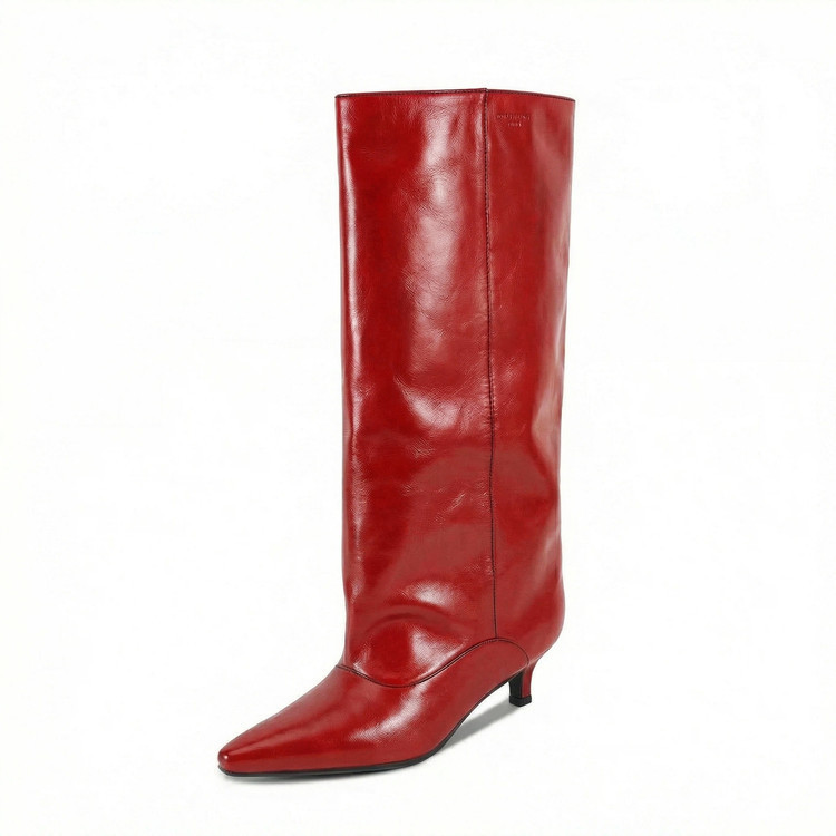 Spring New Style Pointed Toe Kitten Heel Knee-High Boots for Women, European and American Style High-Tube Leather Boots, Slip-On Boots, Fashionable and Versatile