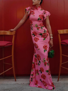 Amazon Independent Station European and American Clothing New Sleeveless Casual Printed Dress National Style New Chinese Style Cheongsam 8069