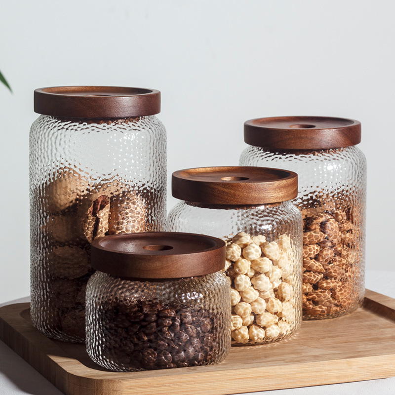 Acacia Wooden Lid Hammer Tea Jar High Borosilicate Glass Sealed Jar Coffee Bean Storage Jar Transparent Storage Bottle