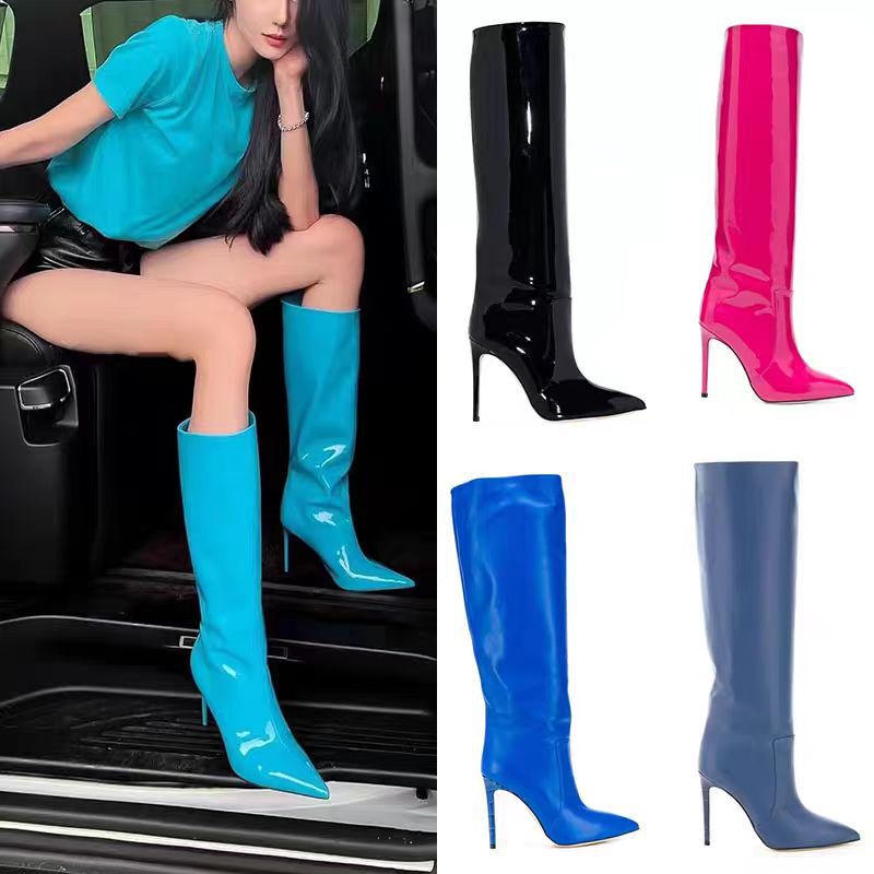 European and American Cross-Border High Boots for Women with Stiletto Heels, 2025 Spring and Autumn Pointed Toe High-Heeled Green Patent Leather Long Boots with Extra High Heels