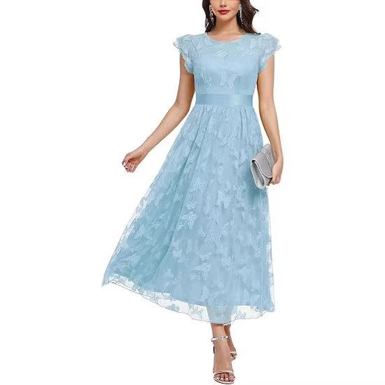 Women's Casual Sheer Ruffle Sleeve Round Neck Lace Floral Dress for Parties and Wedding Guests