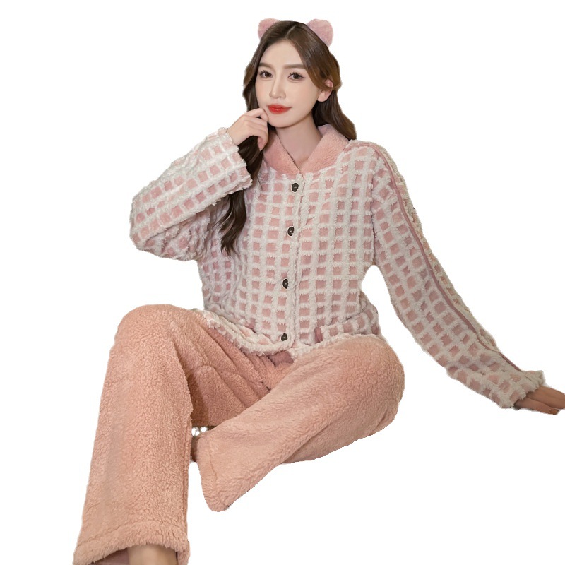 Otoño e invierno ligero estilo de lujo engrosado pijamas de las mujeres cálido terciopelo dulce niña cardigan desgaste del hogar forrado de lana engrosada traje de dos piezas
