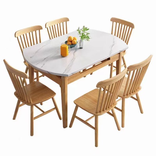 北欧岩板餐桌方圆两用简约小户型餐厅可伸缩折叠长方形全实木饭桌