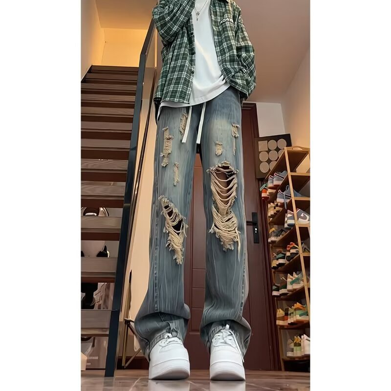 Hot Selling American Ripped Jeans Four Seasons New Washed Gradient Vibe High Street Design Sense Straight Leg Pants