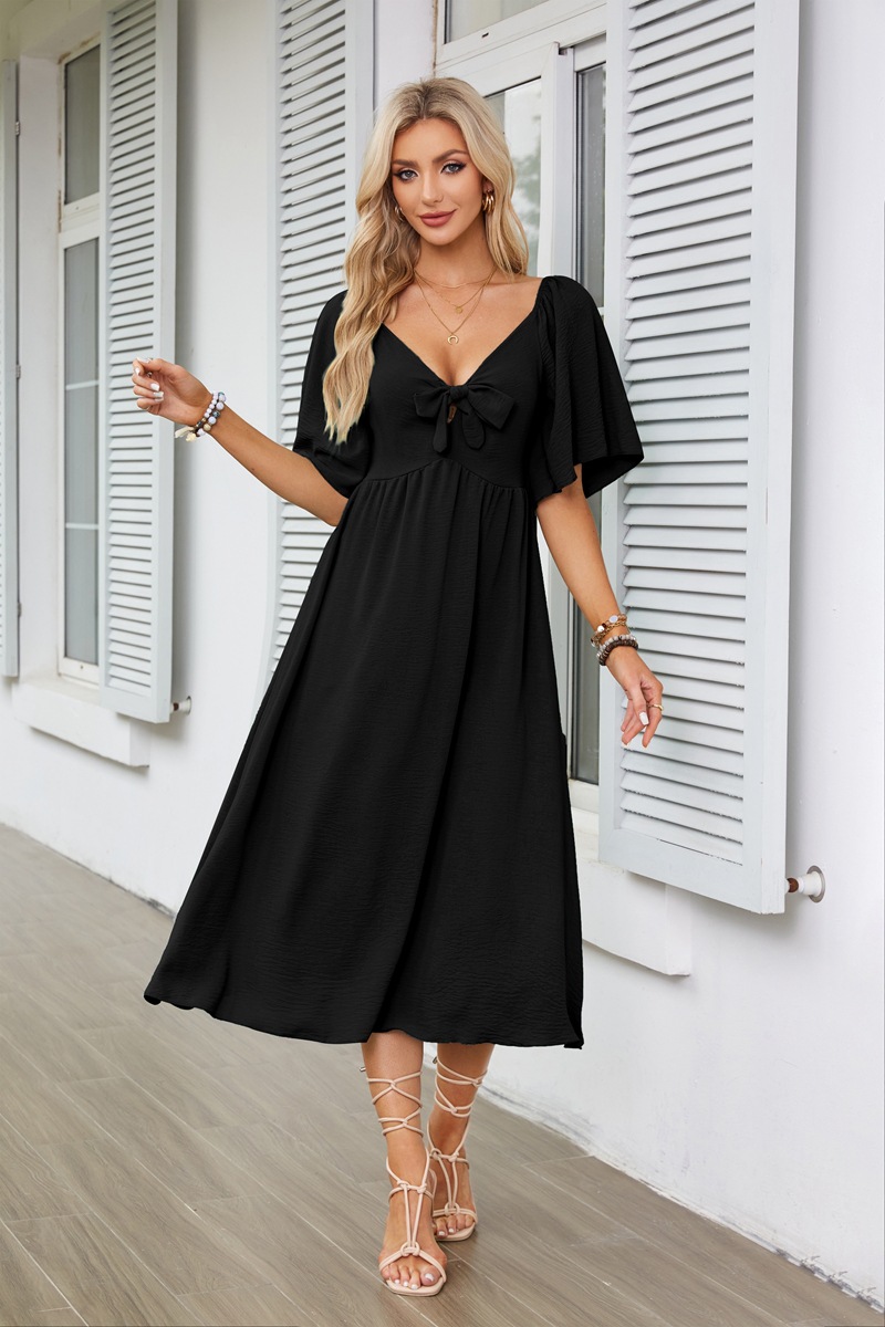 Women's Swing Dress Simple Style V Neck Bowknot Short Sleeve Solid Color Midi Dress Daily display picture 3