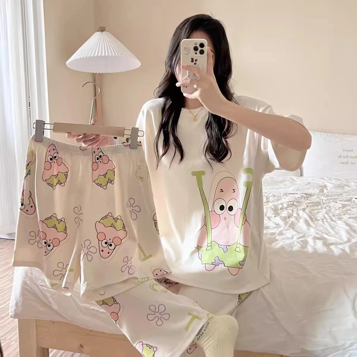 [conjunto de tres piezas] pijamas de mujer nuevo cuello redondo de verano manga corta ropa casera casual pantalones cortos sueltos set