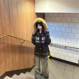 【大版】秋冬季加厚撞色费尔岛提花可拆卸毛领针织衫设计感毛衣外