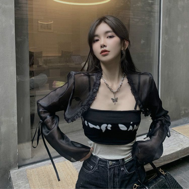 Pure Wish Style Black Sun Protection Cardigan Top Women's Summer Thin Coat Ruffled Ultra Short Hot Girl Top Coat